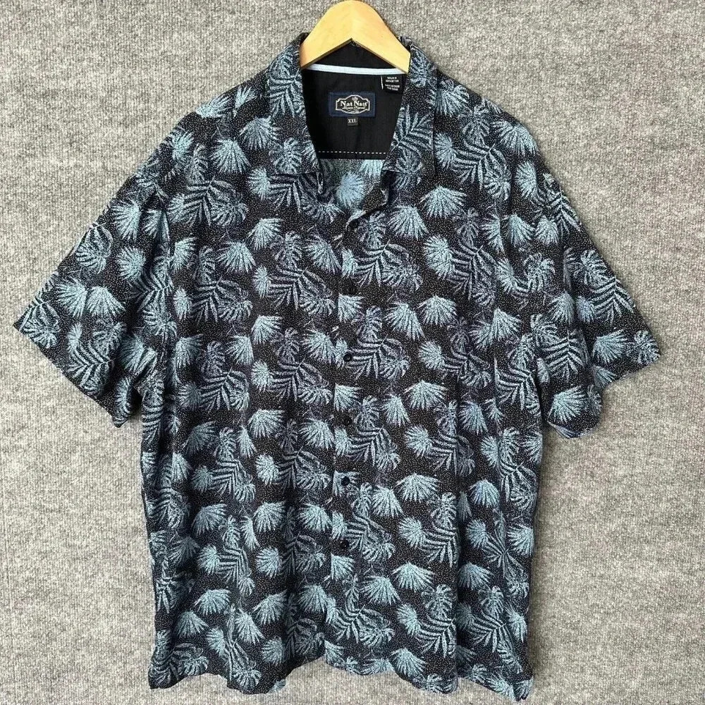 Nat‎ Nast Hawaiian Shirt Mens 2XL Black Palm Tree Tropical Breezy Short Sleeve